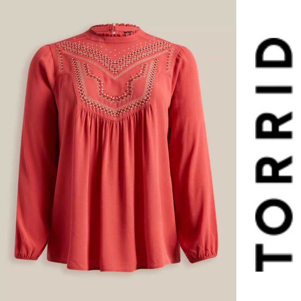 Torrid 2X (18-20) Washable Crinkle‎ Gauze Relaxed Embroidered Blouse
